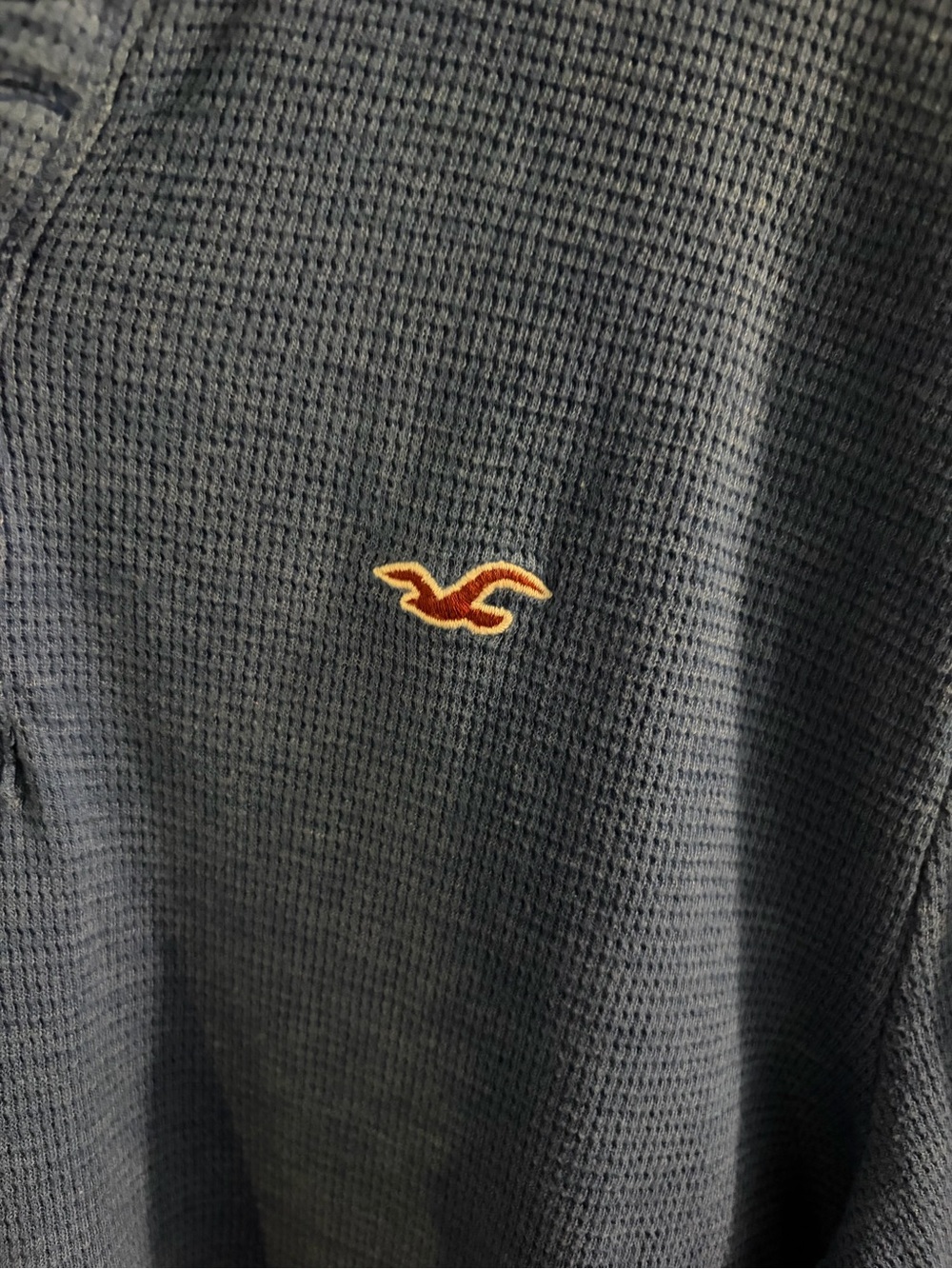 Hollister Men's Dark Navy Waffle Crewneck with Orange-Trim Seagull